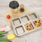 Beasea Mini Brownie Pan, 2 Pack 6 Cavity Gold Square Inidividual Brownie Muffin Cake Cutter Pan Mini Cheesecake Cupcake Bakeware Carbon Steel Brownie Baking Tray Bakeware for Oven Baking