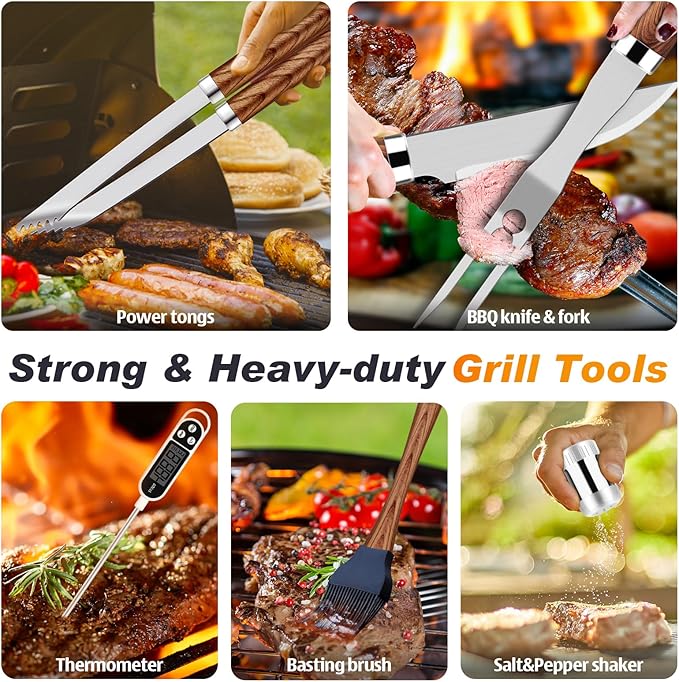 ROMANTICIST 26pcs Stainless Steel Grill Tool Set, Heavy Duty BBQ Grilling Accessories Gifts for Men Dad, Non-Slip Grill Utensils Kit with Apron, Thermometer, Mats in Aluminum Case for Christmas Brown