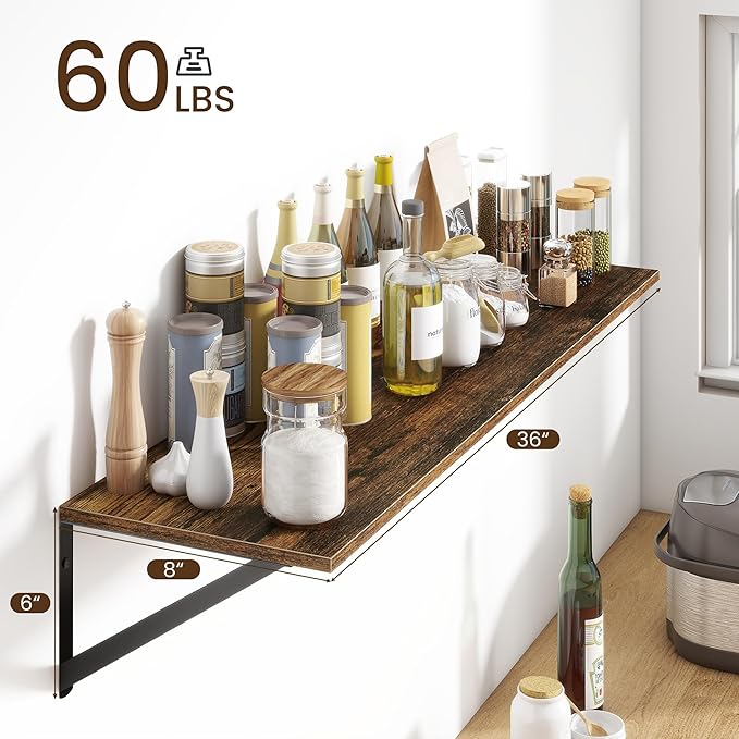 Fun Memories Deep Floating Shelves for Wall, 36W x 8D Wall Mounted Shelves Set of 2, Wide Display Ledge Shelf with Sturdy Metal Brackets for Living Room, Bathroom, Bedroom and Kitchen, Rustic Brown