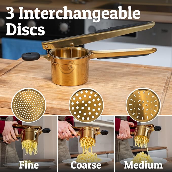 PriorityChef Large 15oz Potato Ricer With 3 Discs, Heavy Duty Stainless Steel Potato Ricer for Mashed Potatoes, Potato Masher, Press and Ricer Kitchen Tool, Gold Steel Black Silicone
