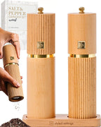 Wooden Salt and Pepper Grinder Set – Refillable Manual Salt and Pepper Mills with Adjustable Ceramic Burrs, Gold Detailing, and Wood Stand