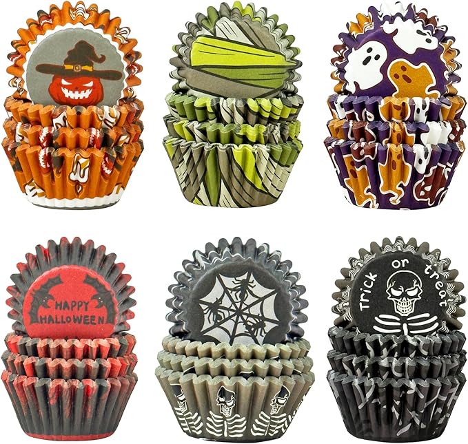 qiqee Halloween Cupcake Liners Mini Muffin Liners for Halloween 300-Count 6 Original Design No Smell, Food Grade Baking Cups Paper(Small Size)