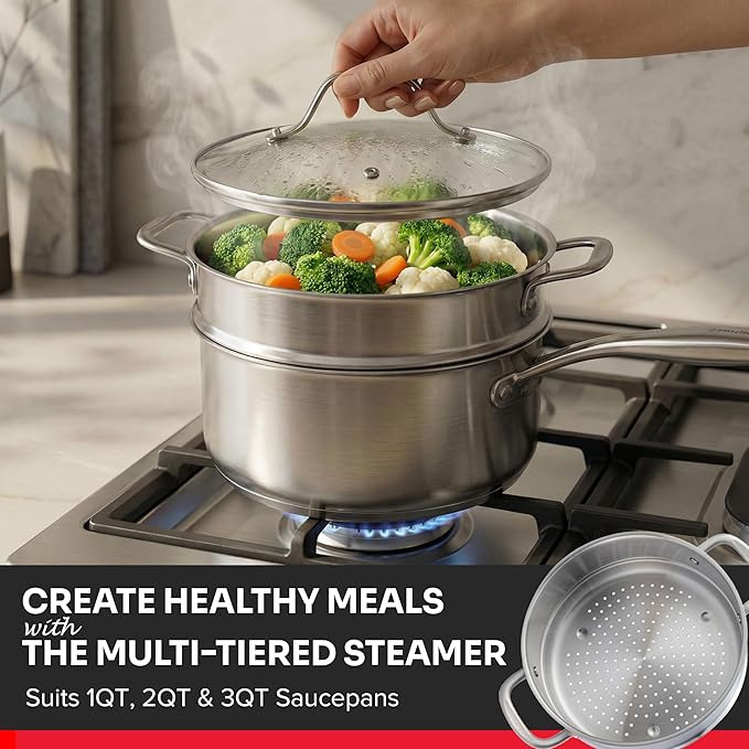 Mueller 17-Piece Stainless Steel Pots and Pans Set – Tri-Ply Ultra-Clad Pro Cookware Set, Induction Ready, Oven Safe, Even-Heat Aluminum Core, Includes Skillets, Saucepans, Dutch Oven, Stockpot