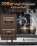 AMZCHEF Espresso Machine with Grinder, 3 Temp 197-205℉ Professional Espresso Machine, 3-10s Pre-Infusion, 20 Grind Settings, Latte Cappuccino Maker Home Barista, Black