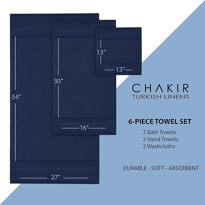 Chakir Turkish Linens Luxury Spa and Hotel Quality Premium Turkish Cotton 6-Piece Towel Set (2 x Bath Towels, 2 x Hand Towels, 2 x Washcloths)