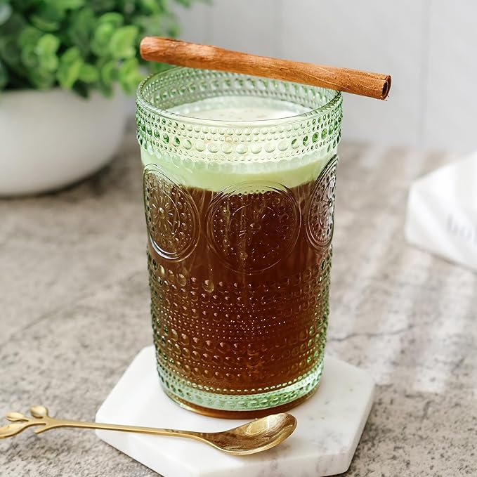 Kate Aspen Hobnail Beaded Floral Green Drinking Glasses Set of 6, (13 oz) Vintage Glassware & Cocktail Glass Set, Juice Glass, Water Cups | Great Hostess Gift & Gift for New Home Owners (Pack of 4)