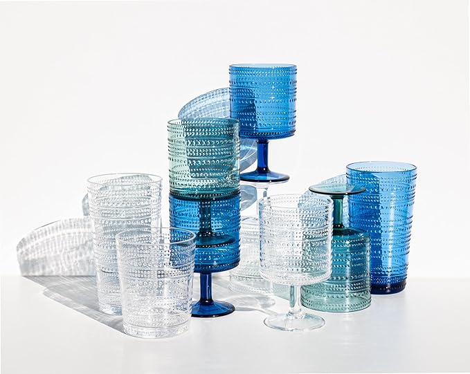 Beaded 15.6 oz Durable Acrylic Double Old Fashioned Drinking Glasses, Shatter-Resistant and Dishwasher-Safe Indoor/Outdoor - Cobalt Blue - Set of 6
