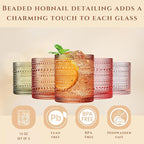 Hobnail Tumbler Drinking Glasses Set | Set of 5 | Vintage Sunset Colored Beaded Hobnails 10 OZ Muted Bubble Whiskey Glassware, Old-Fashioned, Embossed Design Glass Water Wine, Cocktail Glass Set Gift