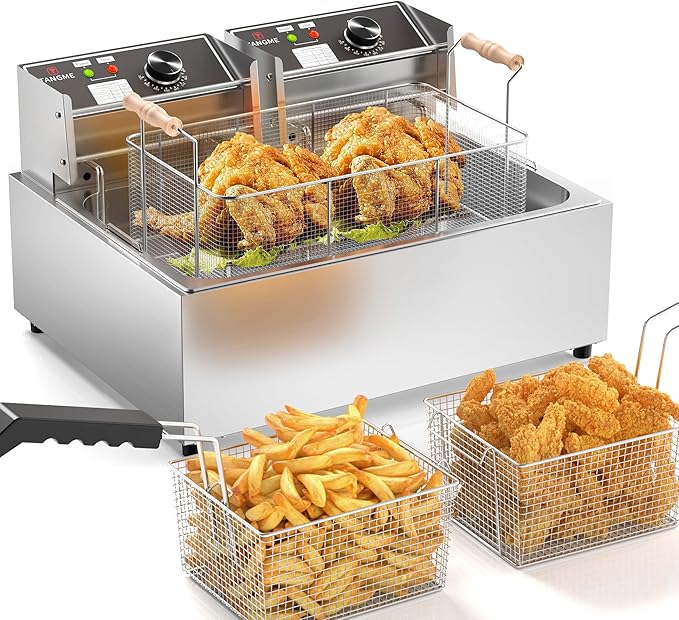 TANGME Commercial Deep Fryer, 3400w Electric Countertop Fryer with 3 Baskets, 22L/23.25Qt 1mm Thickened Stainless Steel Oil Fryer with Temperature Limiter for Restaurant, UL Certified