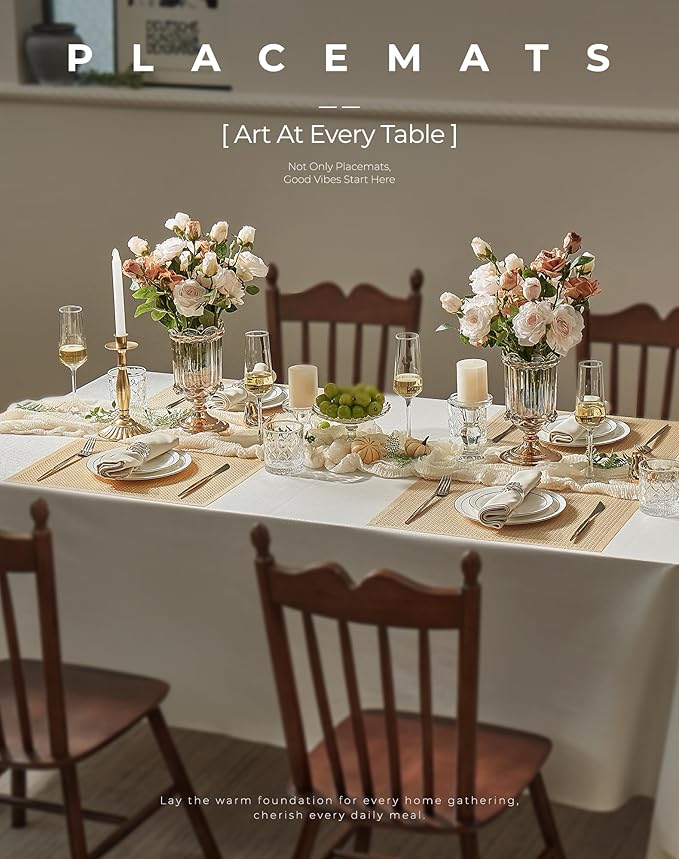 Leetaltree Luxury Gold Sequin Placemats Set of 8 - Waterproof Washable for Wedding, Anniversary, Daily Use - Sparkling Table Decor - Hand-Cut