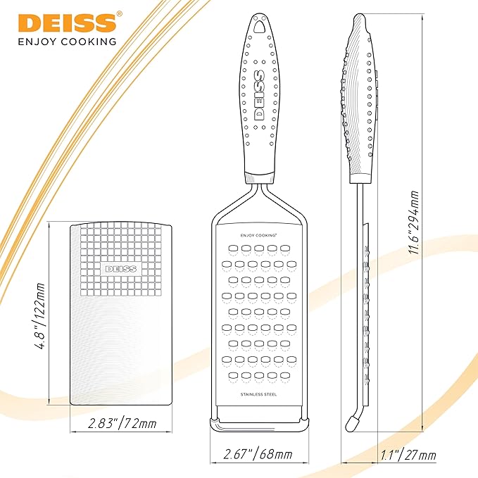 Deiss PRO Coarse Grater & Hand Held Cheese Grater - Sharp Stainless Steel Blades, Non-Slip Handle, Small Cheese Grater for Kitchen, Shredder, Dishwasher Safe