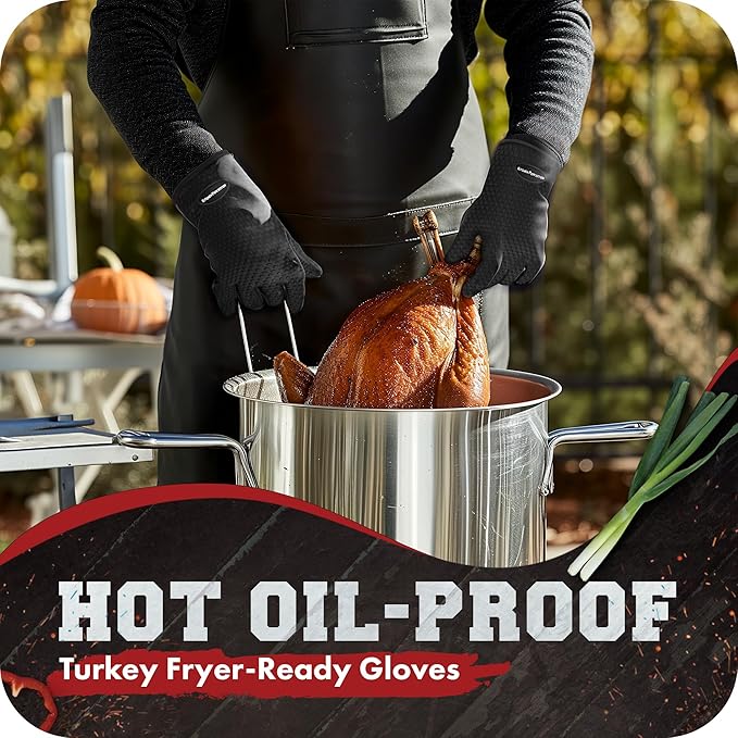 KITCHEN PERFECTION XL Silicone Smoker Oven Gloves-Extreme Heat Resistant BBQ Gloves-Handle Hot Food Right on Your Grill Fryer&Pit|Waterproof Grilling Cooking Baking Mitts|Superior Value Set+3 Bonuses