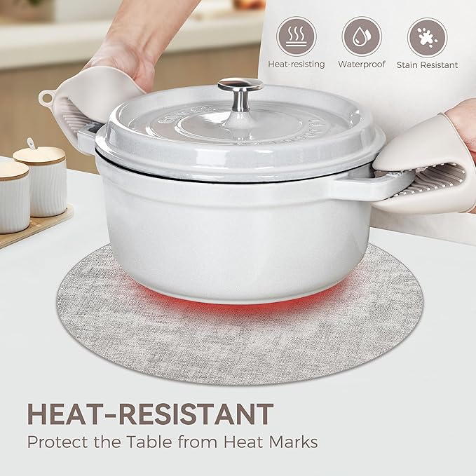 13" Round Placemats Set of 12, Reversible Faux Leather Heat Resistant Table Mats, 100% Waterproof Oilproof Wipeable Table Protective Placemats for Vinyl, Washable for Indoor (12, Light Grey)