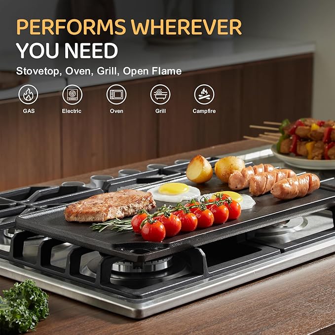 EWFEN Reversible Grill/Griddle, 16.7x9.5'' Pre-Seasoned Cast Iron Griddle Pan, Double Burner Cookware, Rectangular Non-Stick Stovetop Griddle with Handles, Flat Top Plate for Oven, Grill & Campfire