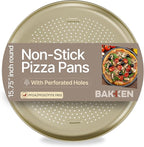 Bakken 16 Inch Non-Stick Pizza Pan 1 Pack, Round Carbon Steel Pizza Tray with Perforated Holes, PFOA, PFOS, & PTFE-Free, Dishwasher & Oven Safe Up To 450°F, Durable Nonstick Coating, Gold