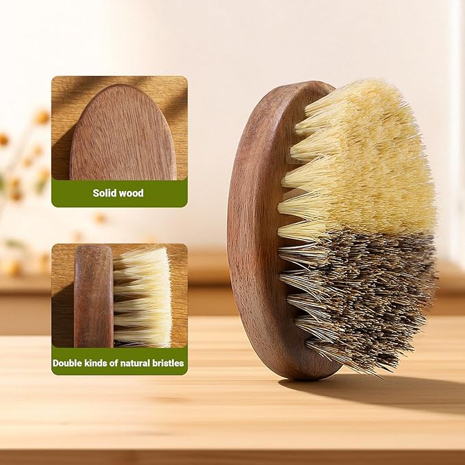 SAMEBUTECO Fruit & Vegetable Cleaning Brushes with Acacia Wood Handle Natural Half Sisal Bristle Half Palm Fibers Bristles Design,Oval Shape Easy Hold,Pack of 2,Brown