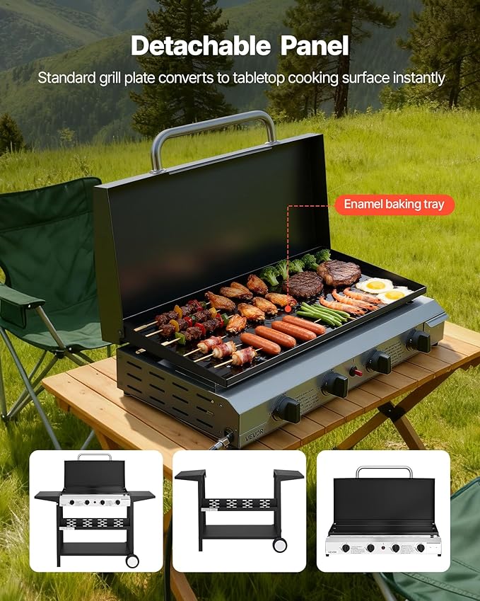 VEVOR Gas Griddle, 4-Burner Flat Top Grill, 29 inch Grill Plate Propane Griddle with Wheels, Lid, 28000 BTU Outdoor Flat Top Grills for Pan-Frying, Grilling, Stir-Frying, & BBQ, Pulse Ignition