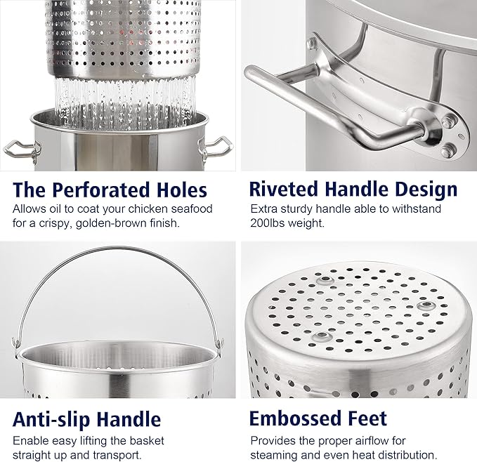 ARC 84QT Stainless Steel Pot with 200,000BTU Propane Fryer, Seafood Boil Pot, Crab Boil Pot, Lobster Pot, Shrimp Boil Pot, Tamale Steamer Pot with Basket and Turkey Fryer Burner