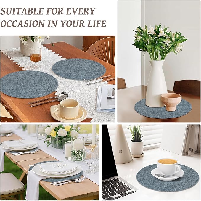 13" Round Placemats Set of 4, Reversible Faux Leather Heat Resistant Table Mats, Waterproof Oilproof Wipeable Table Protective Placemats for Vinyl, Washable for Indoor & Outdoor Use (4, Light Blue)