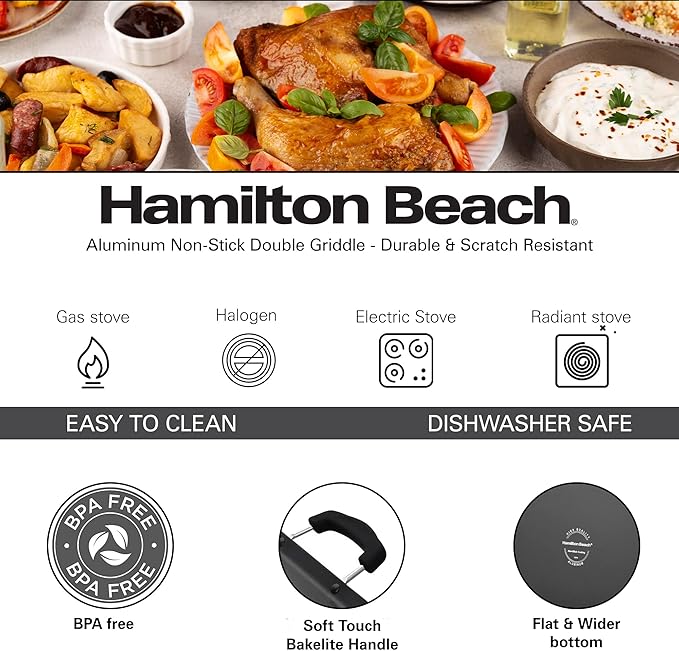 Hamilton Beach Nonstick Double Griddle 19x11-Inch - Black Aluminum Griddle with Soft Touch Bakelite Handle - Flared Edge - Spiral Bottom, Easy to Clean, Multipurpose Use - Durable & Dishwasher Safe