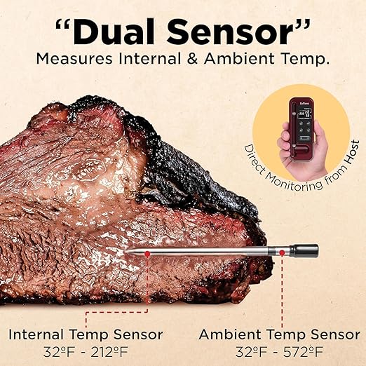 Wireless Meat Thermometer with Digital Meat Probe, Measures Internal & Ambient Temp, 800FT Bluetooth Meat Thermometer with Host Control for Barbecue, Outdoor Grilling, Oven & Smoker (Red)