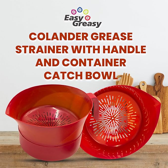 Colander Grease Strainer With Handle And Container, Catch Bowl With Lid 3 Piece Strain Set | Strains Ground Beef, Bacon & Pasta | Safe Kitchen Gadget BPA Free | Made In The USA (Red)