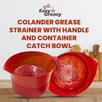 Colander Grease Strainer With Handle And Container, Catch Bowl With Lid 3 Piece Strain Set | Strains Ground Beef, Bacon & Pasta | Safe Kitchen Gadget BPA Free | Made In The USA (Red)