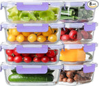 8 Pack 36oz Large Glass Meal Prep Containers with lids, Glass Food Storage Containers with Leak Proof Snap Lock Lids , Airtight Bento lunch Boxes, Kitchen Storage, Oven and Dishwasher Safe-Purple