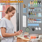 Magnetic Spice Rack for Refrigerator, 7 Pack Metal Magnetic Shelf Blue, Moveable Spice Organizer with Hook Rack, Paper Towel Holder, Kitchenware Holder, Strong Magnetic Storage Fridge Organizer