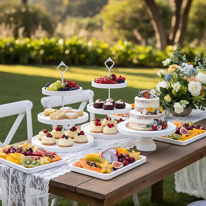 7 Pcs Wood Dessert Table Display Set Wooden 3 Tie Cupcake Stands Rustic Round Cake Stand Wood Dessert Serving Trays for Party Baby Shower Wedding Birthday (White)
