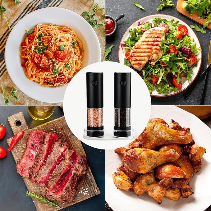 Electric Salt and Pepper Grinder Set - Battery Operated Spice Mills with Adjustable Coarseness, LED Light, Automatic Spice Grinder for Kitchen Appliance, with Cleaning Brush and Stand, Home Cooking