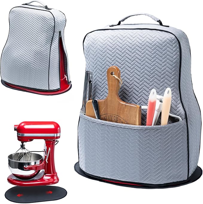 BAGSPRITE Stretchy Stand Mixer Cover with Appliance Slider– Washable Applicance Cover Compatible with KitchenAid Mixer 6/7/8 Quart – Dust Cover with Pockets for KitchenAid Accessories and Attachments