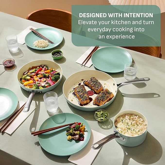 T-Fal Inspire Ceramic Nonstick Frying Pan 2-Pc Set, 8" & 10", Oven Broiler Safe up to 50°F Cookware, Ceramic Frying Pan Skillet, Pots & Pans, Mint Green