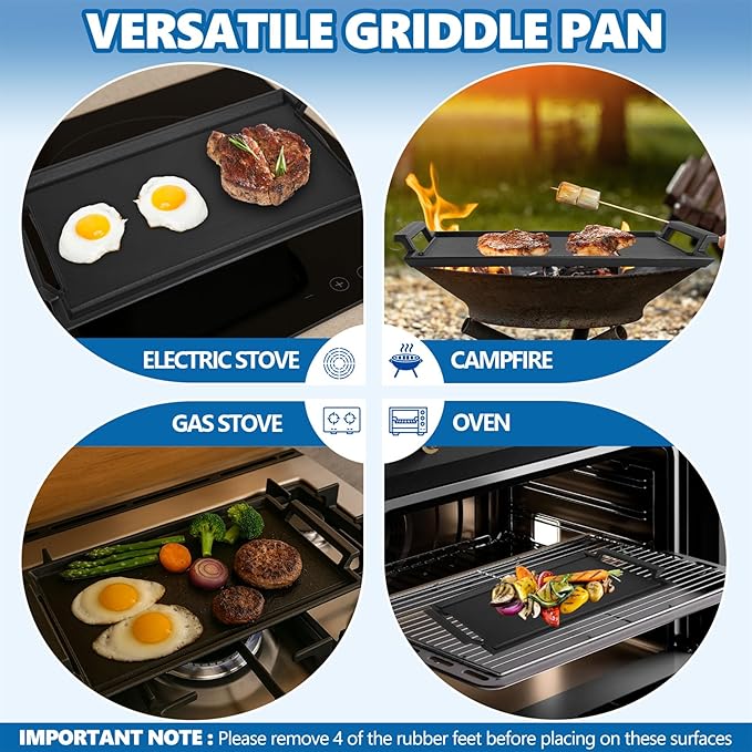 SafBbcue Cast Iron Pot, Griddle Pan Hot Plate, Pre-Seasoned, Grill for Stovetop, Oven, Grill & Campfire, Suitable for Outdoor Cooking Kitchen and Patio Backyard, 17 x 9 Inch