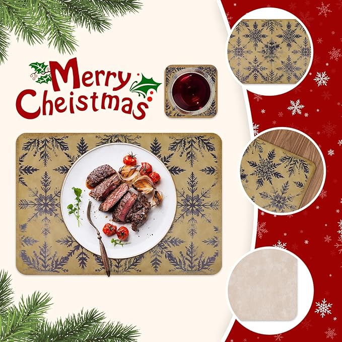 Le courant 16.9in 6PACK Winter Decoration Blue Snowflake Placemats with 6 Coasters, Reversible Faux Leather Easy Clean Waterproof Stain Resistant Place Mats, for Home Party Dining Holiday Table Decor