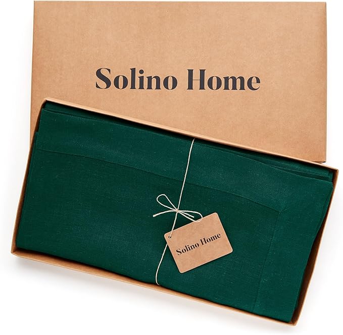 Solino Home Linen Tablecloth for Rectangle Tables 60 x 120 Inch - 100% Pure Linen Rainforest Green Table Cloth - Fete, Machine Washable Cloth Tablecloth for Christmas, Holiday, Winter, New Year