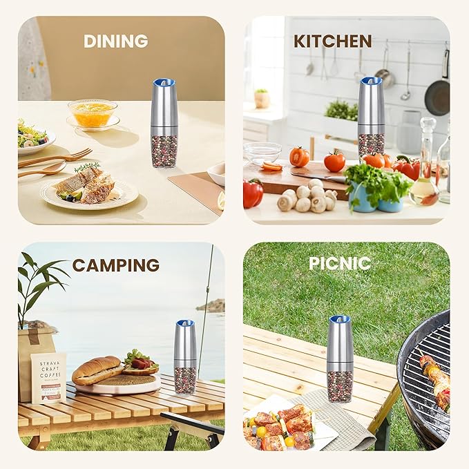 Gravity Electric Salt And Pepper Grinder, Automatic Salt And Pepper Grinder, Battery Powered (6 AAA Batteries Each), Adjustable Roughness, LED Light, 1 Pack, (Silver)