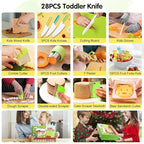28PCS Toddler Knife Set - Kids Knifes for Real Cooking, Wooden Kids Kitchen Knife Set with Gloves Cutting Board Crinkle Cutters Kid Safe Knives, Toddlers Kitchen Tools
