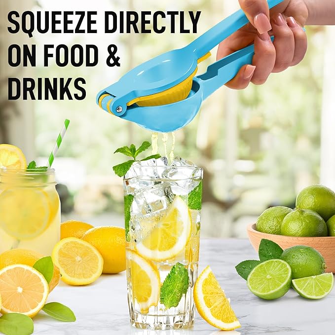 Zulay Metal 2-In-1 Lemon Squeezer Manual - Sturdy, Max Extraction Hand Juicer Lemon Squeezer Gets Every Last Drop - Easy to Clean Manual Citrus Juicer - Easy-to-Use Lemon Juicer Squeezer - Blue/Yellow