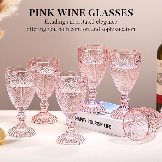 Colored Vintage Wine Glasses Set of 6 – 10.5 Ounces Colored Glass Water Goblets, drinking glasses for Mothers Day, Wedding, Holiday, or Fancy Glassware for everyday