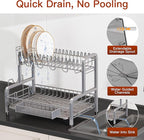 2 Tier Dish Drainer Drying Rack for Kitchen Counter Large Stainless Steel Dishes Drain with Drainboard Set, Space Saving, Big Modern Black Countertop Metal Plate Dryer Strainer Holder and Extra Tray