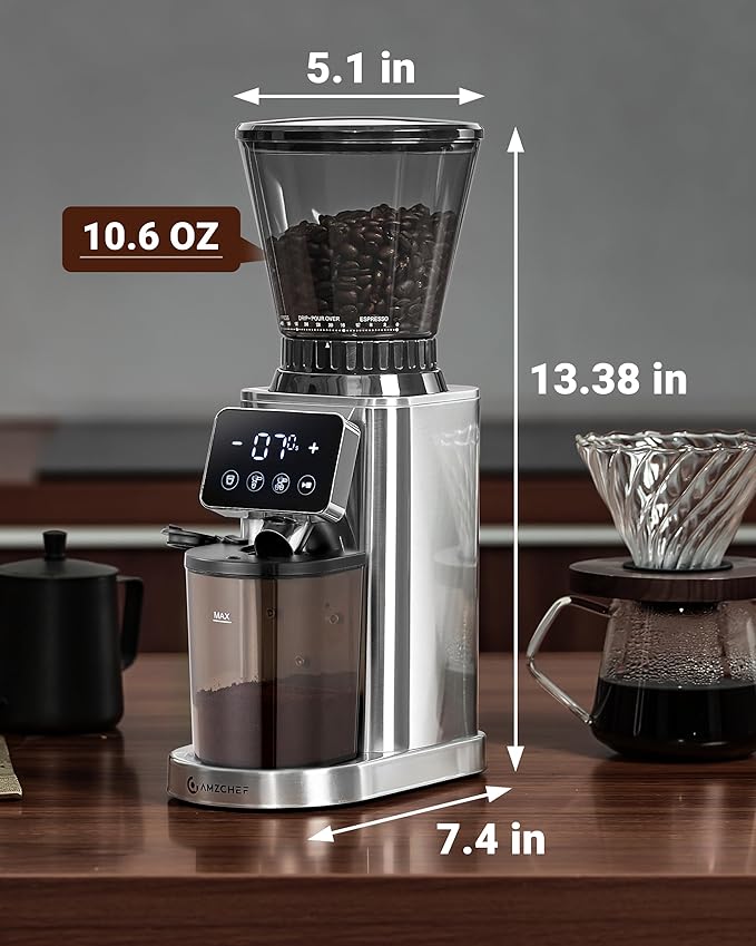 AMZCHEF Coffee Grinder, Coffee Bean Grinder for Home Use with Precise Grinding, LED Control Panel, Detachable Funnel Stand, Anti-static Design, 48 Grind Settings, Silver