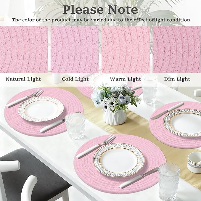 Round Placemats Set of 6, Cotton Rope Woven Table Mats, Hot Pads for Kitchen, Non Slip Heat Resistant Place Mats, 13 Inches Braided Placemat for Farmhouse Decor and Kitchen Table Decor (Pink)