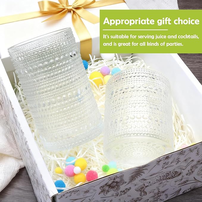 Hobnail Drinking Glasses Set of 12,12 oz Highball Glasses & 10 oz Cocktail Glasses,Clear Embossed Glass Cups,Kitchen Water Glass Cup,Bar Tumbler Glassware Set for Whiskey, Beer, Cocktail, Juice, Milk