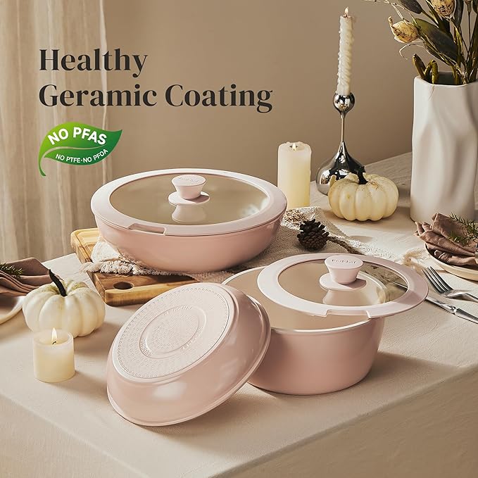 Redchef Ceramic Cookware Set, Removable Handle Pots and Pans Non-Stick, Rv Cookware Set, Non-Toxic Pots and Pans Set No PFAS, PTFE, PFOA, Detachable Pots and Pans, Dishwasher & Oven Safe (Pink)