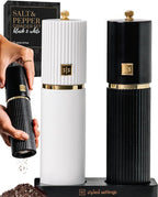 Wooden Salt and Pepper Grinder Set – Refillable Manual Salt and Pepper Mills with Adjustable Ceramic Burrs, Gold Detailing, and Wood Stand – Black and White