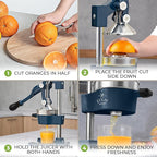 Zulay Kitchen Cast Iron Juicer - Easy-to-Clean Heavy-Duty Manual Juicer, Professional Citrus Juicer - Stainless Steel Lemon Squeezer - Manual Citrus Press & Orange Squeezer - Orange Juicer – Navy