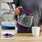 OVENTE Electric Kettle, 1.5L Borosilicate Glass Countertop Water Heater and Boiler for Coffee or Tea, BPA-Free, Auto Shut-Off, Boil-Dry Protection, Removable and Washable Spout Filter, Purple KG83P