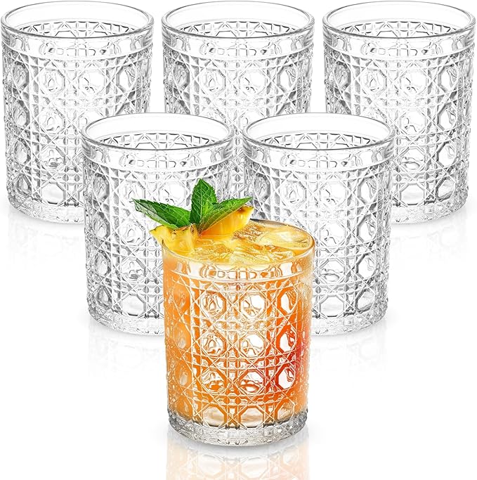 Vintage Hexagon Gemstone Pattern Drinking Glasses Set of 6, 12 oz Embossed Short Water Glasses, Clear Thick Glass Cups for Juice, Iced Coffee, Cocktails, Home & Party Use