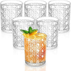 Vintage Hexagon Gemstone Pattern Drinking Glasses Set of 6, 12 oz Embossed Short Water Glasses, Clear Thick Glass Cups for Juice, Iced Coffee, Cocktails, Home & Party Use